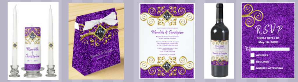 purple faux glitter gold and jewel wedding invitation collection