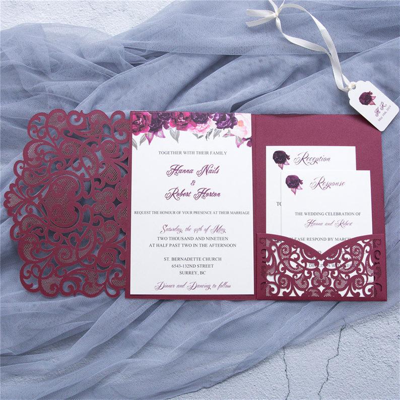 burgundy laser cut wedding invitation with pocket