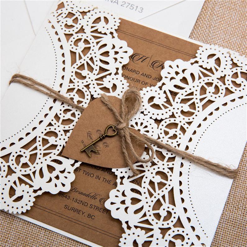 laser cut wedding invitation doily rustic tri fold lace