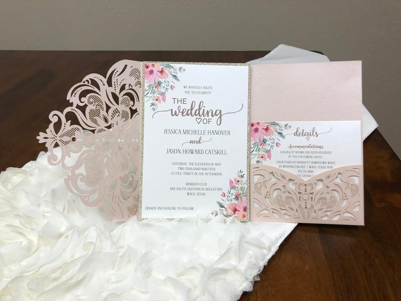 elegant lace laser cut wedding invitations with pockets