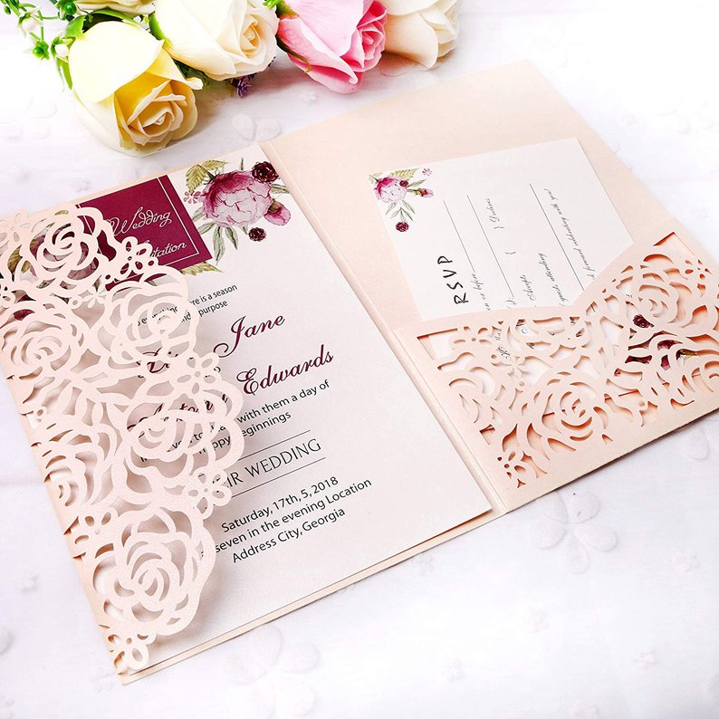 blush pink lace cut wedding invitation with pocket for rsvp card