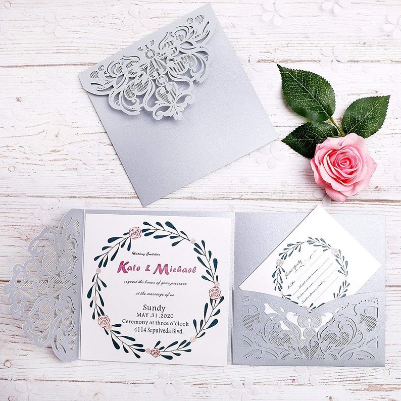 silver wedding invitation with rsvp pocket