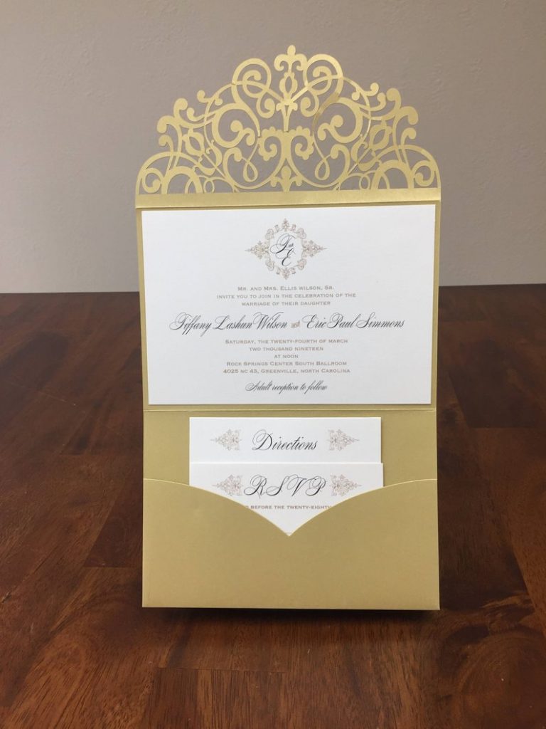 metallic gold wedding invitation lace cut