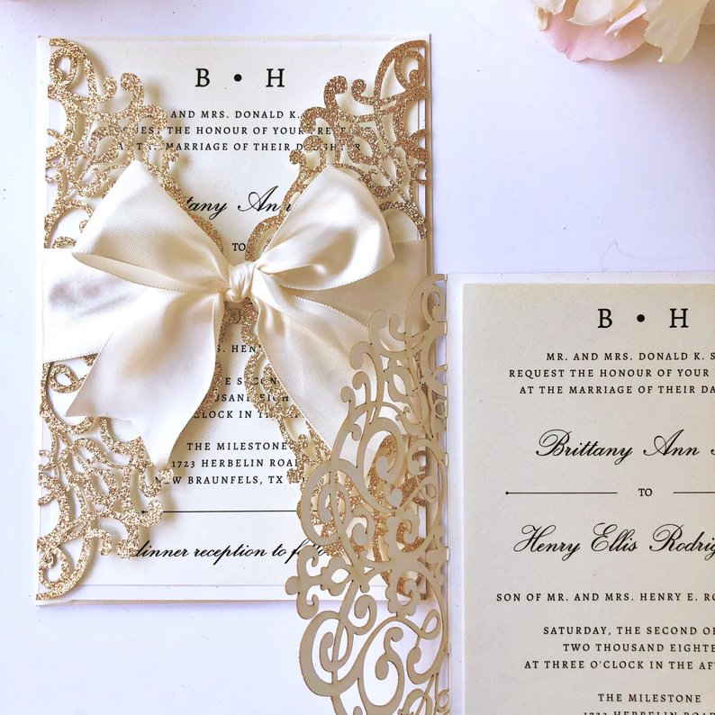 rose gold and ivory glittery wedding invitations 